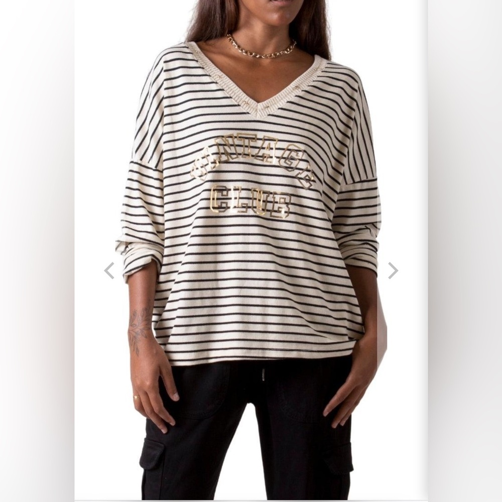 Gigi Moda Made in Italy Striped V-Neck Knit Sweater with Gold Lettering